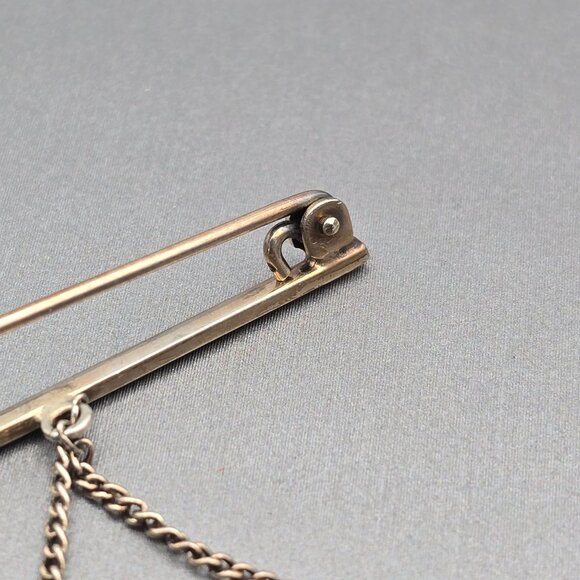 Antique 835 Silver Repousse Horn Brooch 2" Dangling Chain Rose Cut Gemstones - Picture 7 of 10